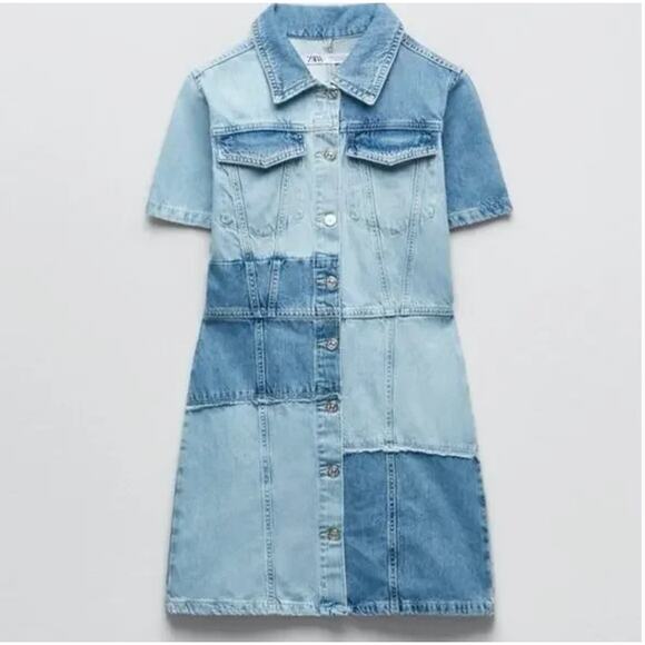 Zara Women’s Patchwork Denim Dress Blue Collared Button Down XL - Picture 2 of 5